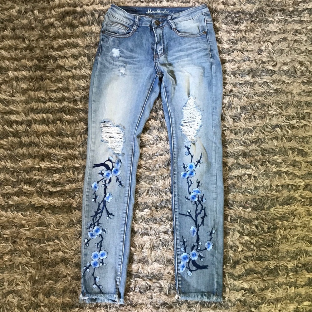 Machine Skinny Jeans with Embroidered Blue Cherry Blossom, Size 26